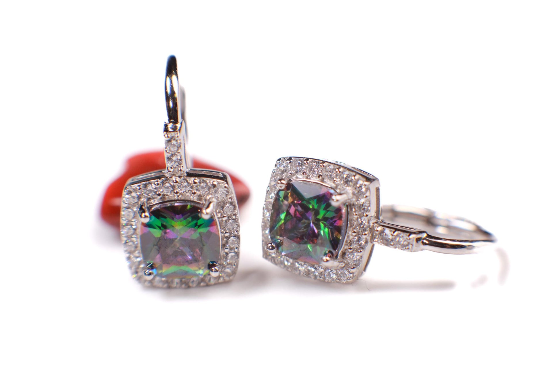 Mystic Topaz, 9mm Aurora borealis Mystic Topaz natural gemstone with CZ Diamond Leverback Earrings in 925 Sterling Silver Purple Earrings