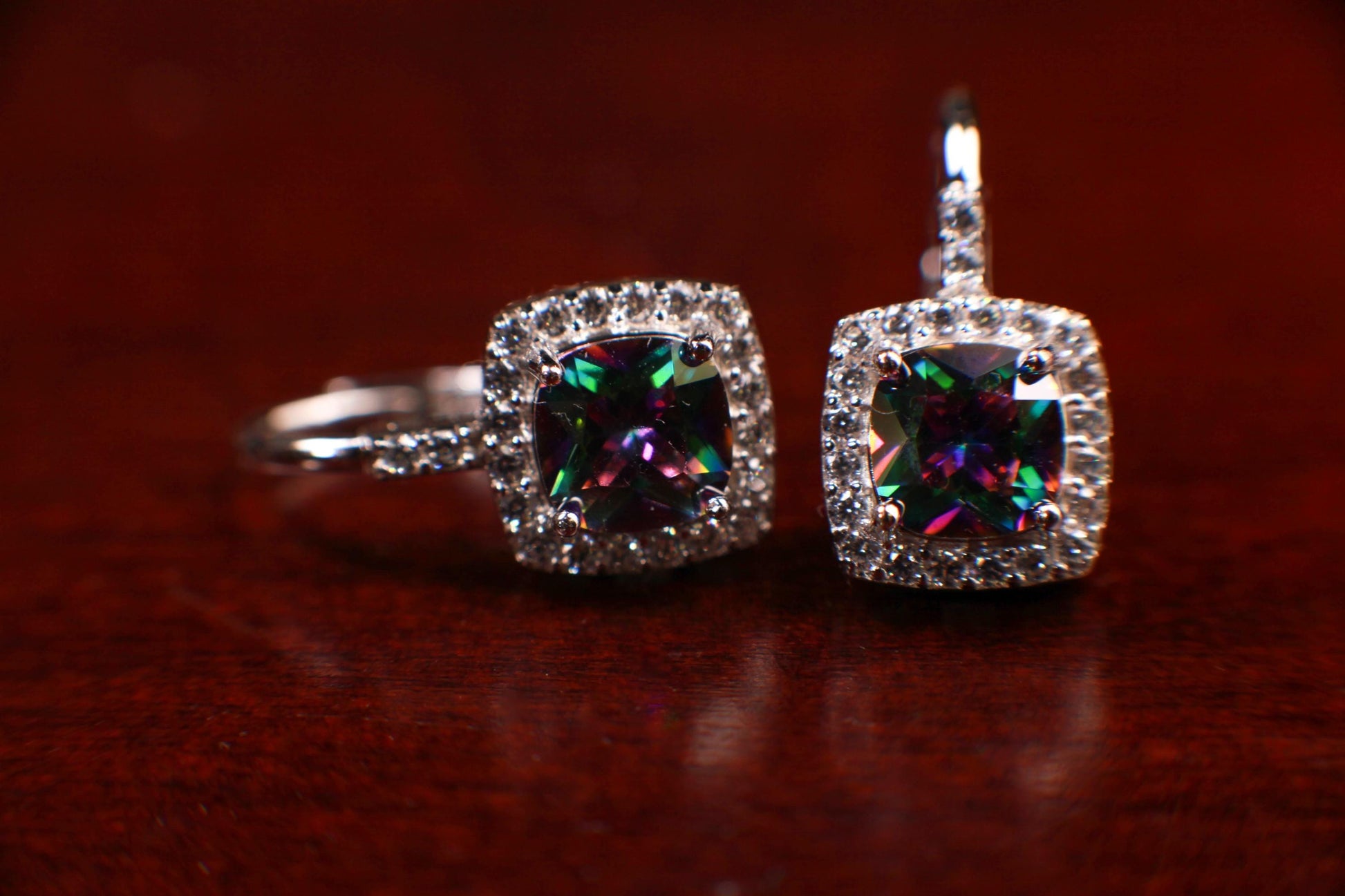 Mystic Topaz, 9mm Aurora borealis Mystic Topaz natural gemstone with CZ Diamond Leverback Earrings in 925 Sterling Silver Purple Earrings