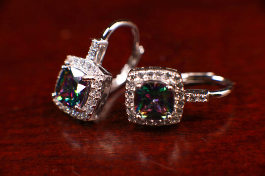 Mystic Topaz, 9mm Aurora borealis Mystic Topaz natural gemstone with CZ Diamond Leverback Earrings in 925 Sterling Silver Purple Earrings
