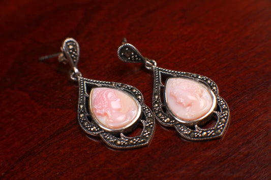 Vintage Marcasite Cameo pink shell hand caring ,925 Sterling Silver Post Earrings, 925 Stamped, Antique vintage, Gift