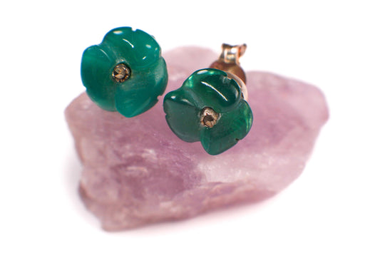 Vintage Marcasite 925 Sterling Silver Green Onyx 8mm stud HandCrafted Flower earrings. 925 stamped, Vintage antique gift