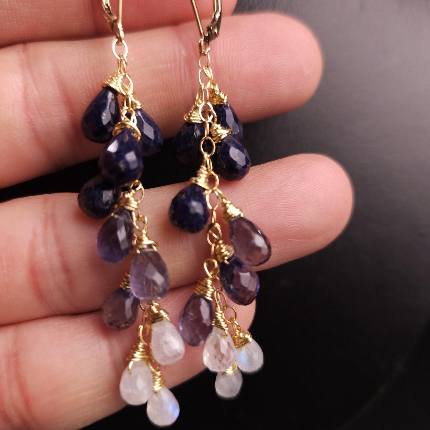Ombre Blue Sapphire, Iolite, Moonstone Wire Wrapped Dangling Faceted Briolette Drop 5x7-6x9mm Cascade Earrings in 14K Gold Filled Earring
