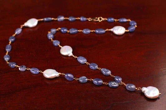 Natural Tanzanite 7-8.5mm smooth oval freshwater Coin pearl spacer and dangling pendat 18k Gold Vermeil handmade Necklace.