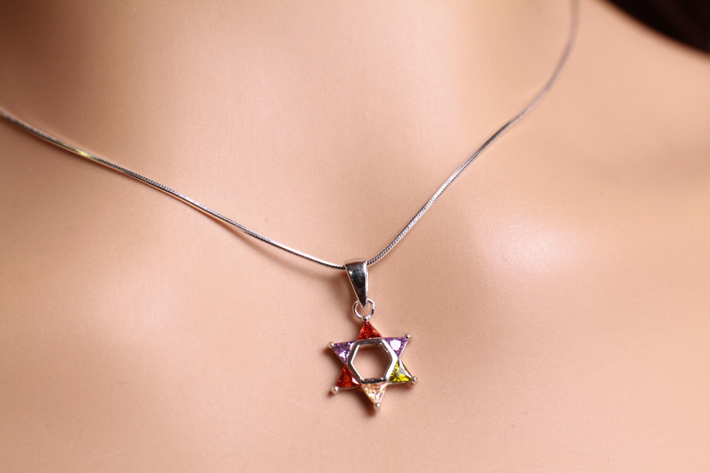 Star of David Multi Peridot, Citrine, Garnet, Amethyst, 925 Sterling Silver Pendant necklace. 925 stamped, Jewish pendant