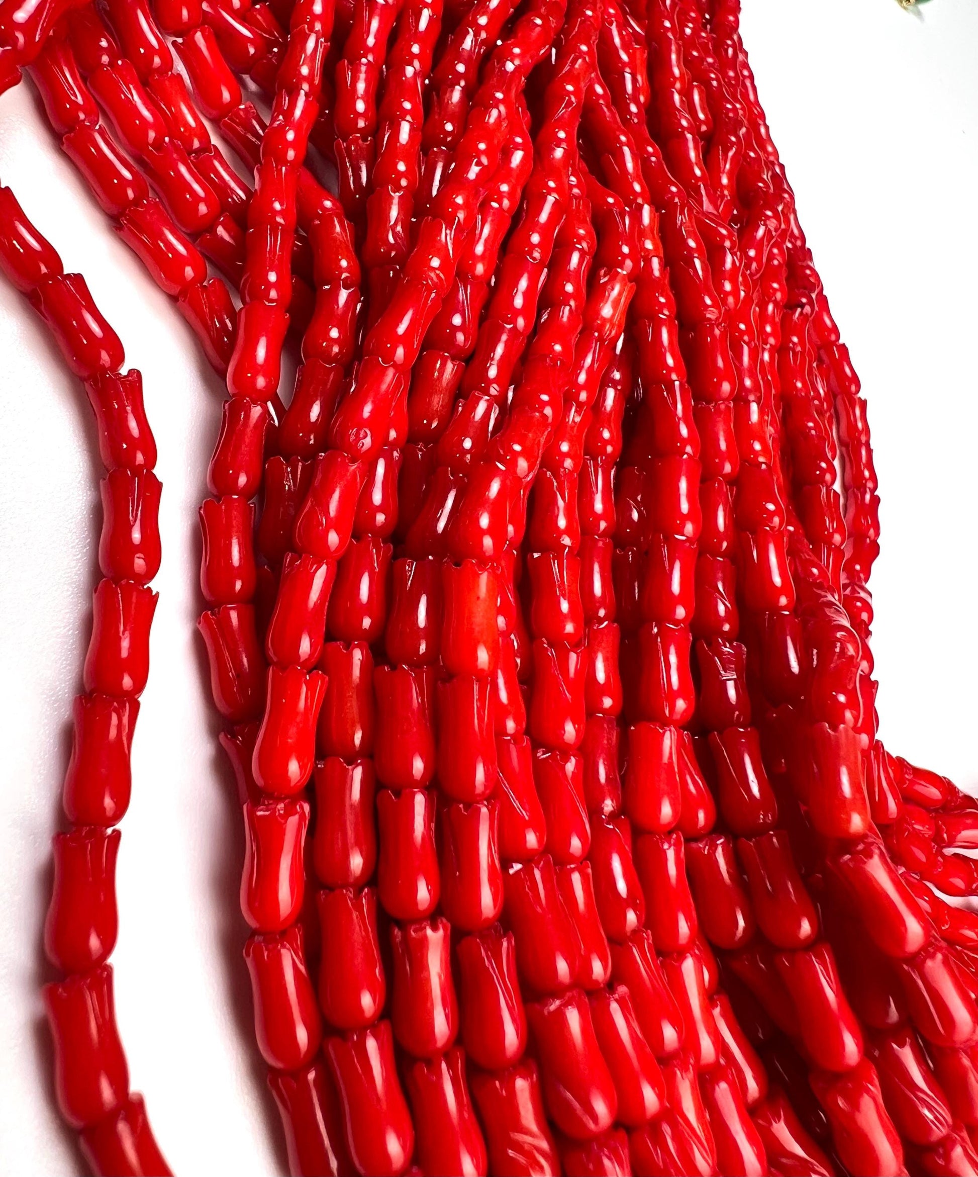 Natural Italian cora Tulip Flower Handcarved 4x8 mm AAA quality Handcrafted bright Red coral Beads 8”(26 pcs) or 15.5”(52pcs) strand