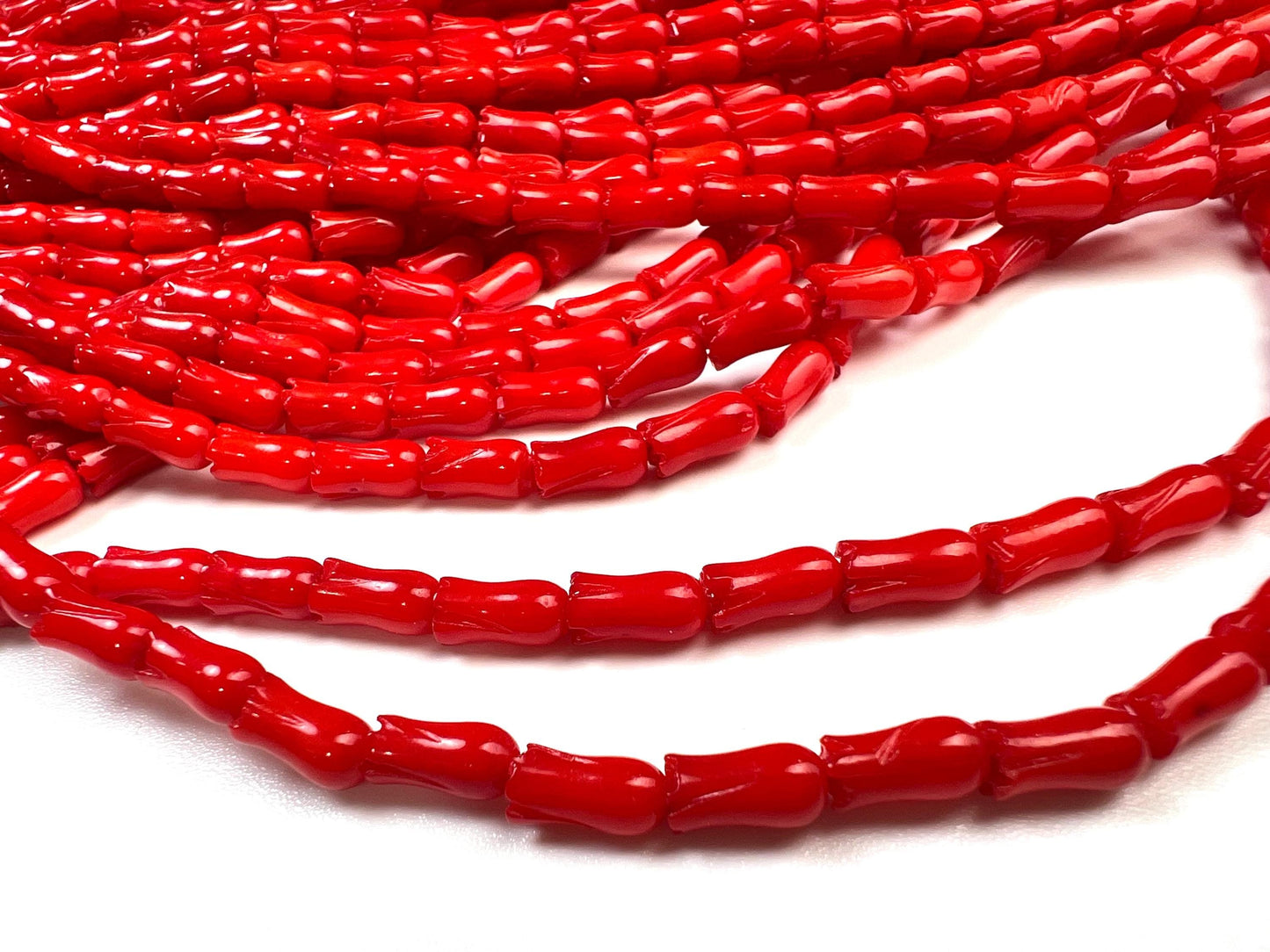 Natural Italian cora Tulip Flower Handcarved 4x8 mm AAA quality Handcrafted bright Red coral Beads 8”(26 pcs) or 15.5”(52pcs) strand