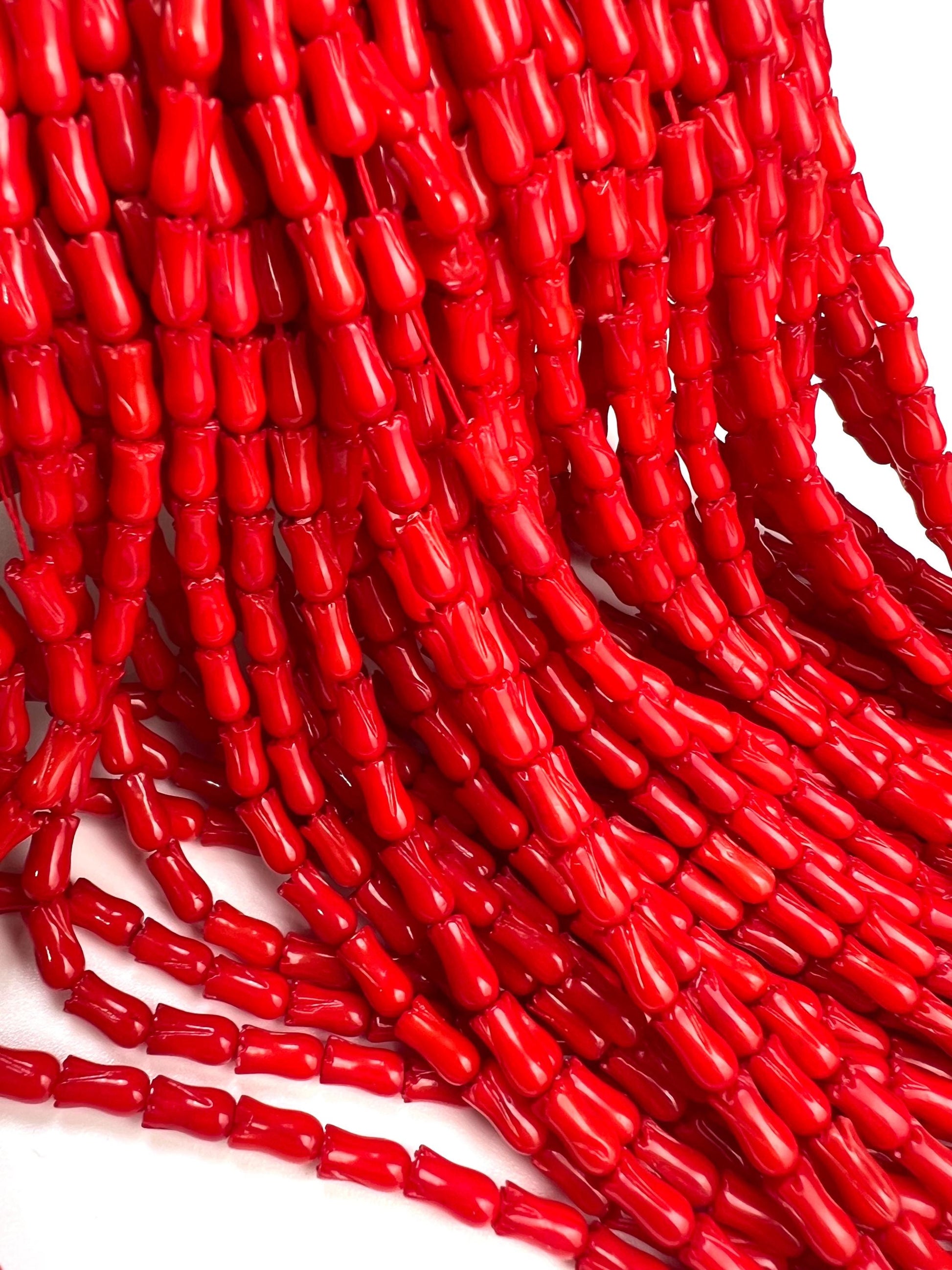 Natural Italian cora Tulip Flower Handcarved 4x8 mm AAA quality Handcrafted bright Red coral Beads 8”(26 pcs) or 15.5”(52pcs) strand