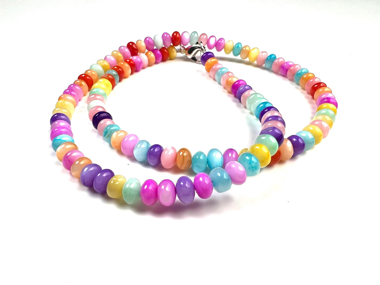 Multi mix Mother of pearl 5mm gemstone beaded handmade necklace. Disco multi color Summer beach boho necklace bachelorette valentines Gift