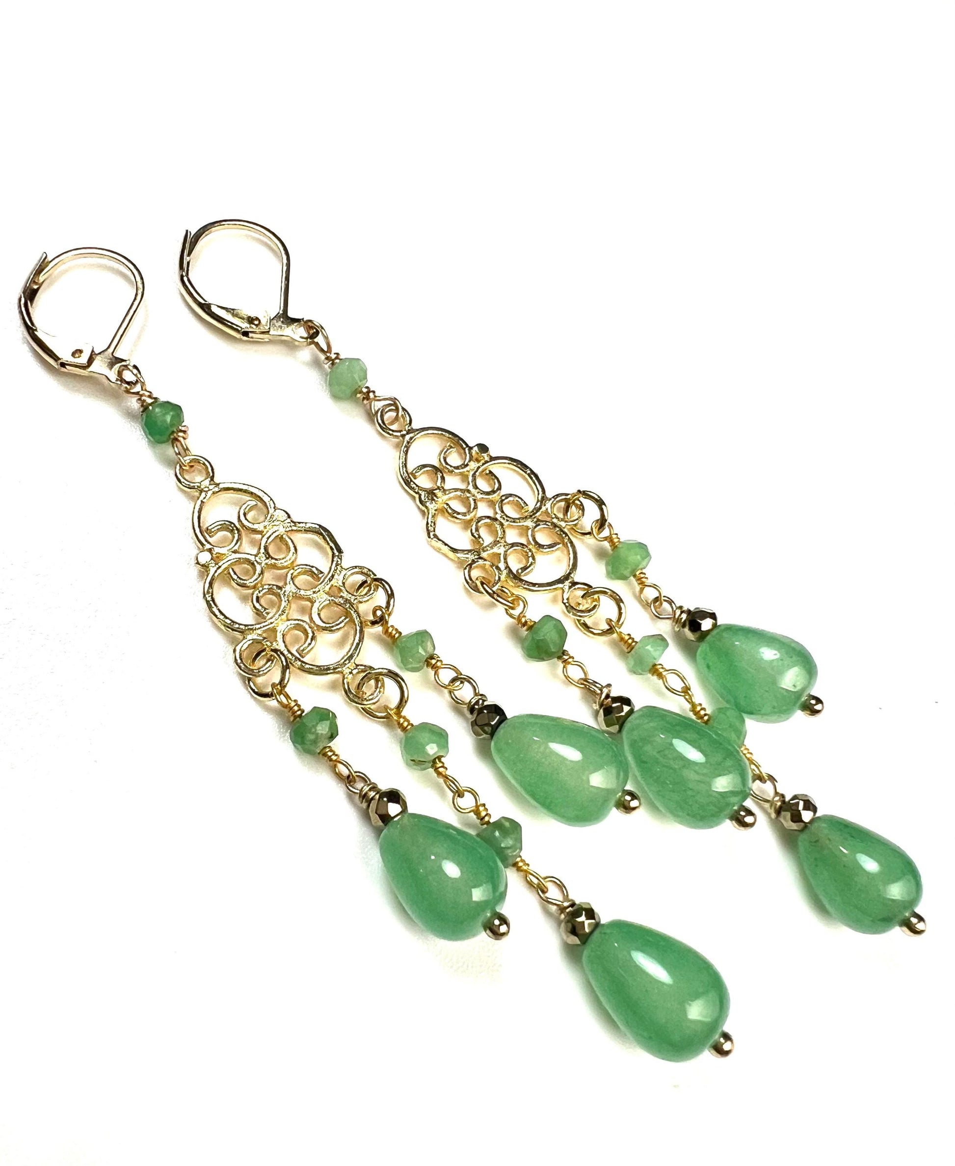 Natural Green Aventurine Chandelier gold vermeil Earrings handmade beautiful gift