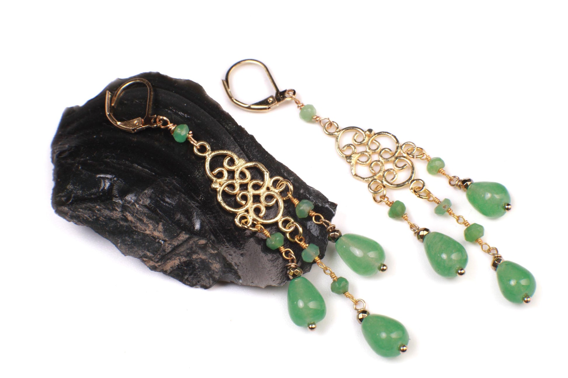 Natural Green Aventurine Chandelier gold vermeil Earrings handmade beautiful gift