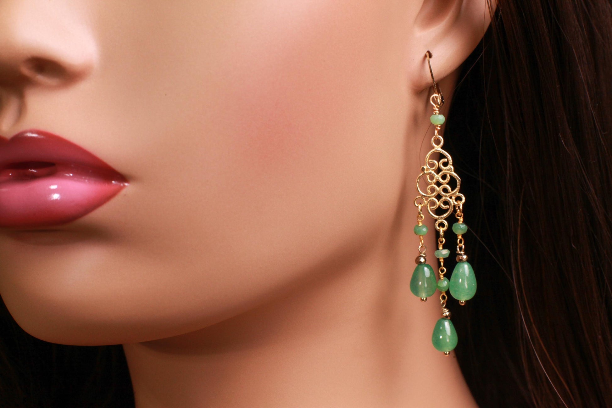 Natural Green Aventurine Chandelier gold vermeil Earrings handmade beautiful gift