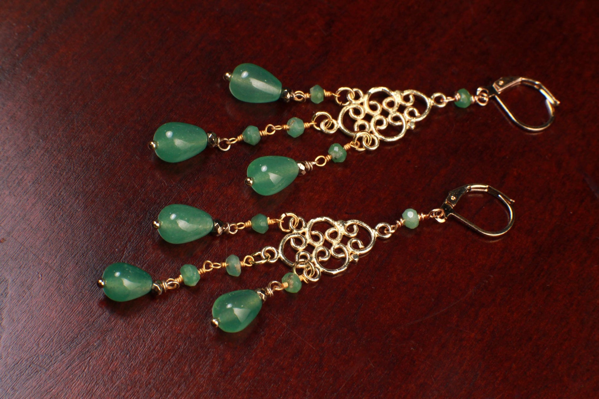 Natural Green Aventurine Chandelier gold vermeil Earrings handmade beautiful gift