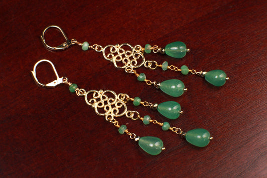 Natural Green Aventurine Chandelier gold vermeil Earrings handmade beautiful gift