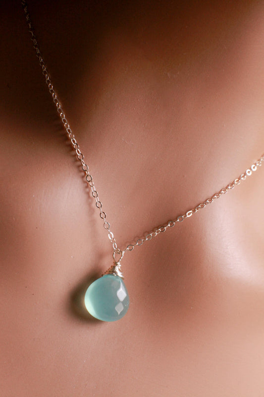Aqua Chalcedony Faceted heart drop in 14K Gold Filled or 925 Sterling Silver necklace or Earring set. Ocean blue summer beach minimalist