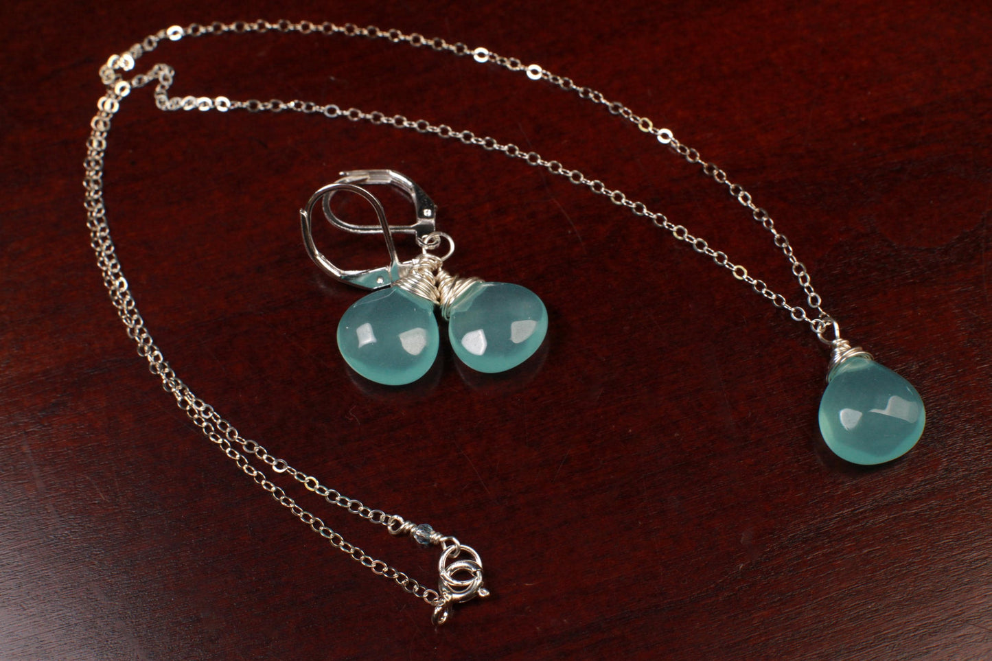 Aqua Chalcedony Faceted heart drop in 14K Gold Filled or 925 Sterling Silver necklace or Earring set. Ocean blue summer beach minimalist
