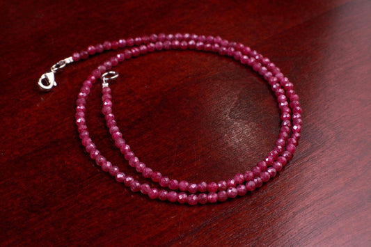Genuine Ruby Necklace pinkish Red Ruby Faceted 3mm Round Sterling silver Rhodium Necklace, Beautiful Dark pinkish Red Ruby Gemstone Jewelry