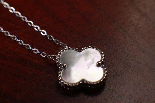 925 Sterling Silver White Mother of Pearl Double Sided 16mm Flower Charm 16” extend to 17” and 18” Necklace, Love