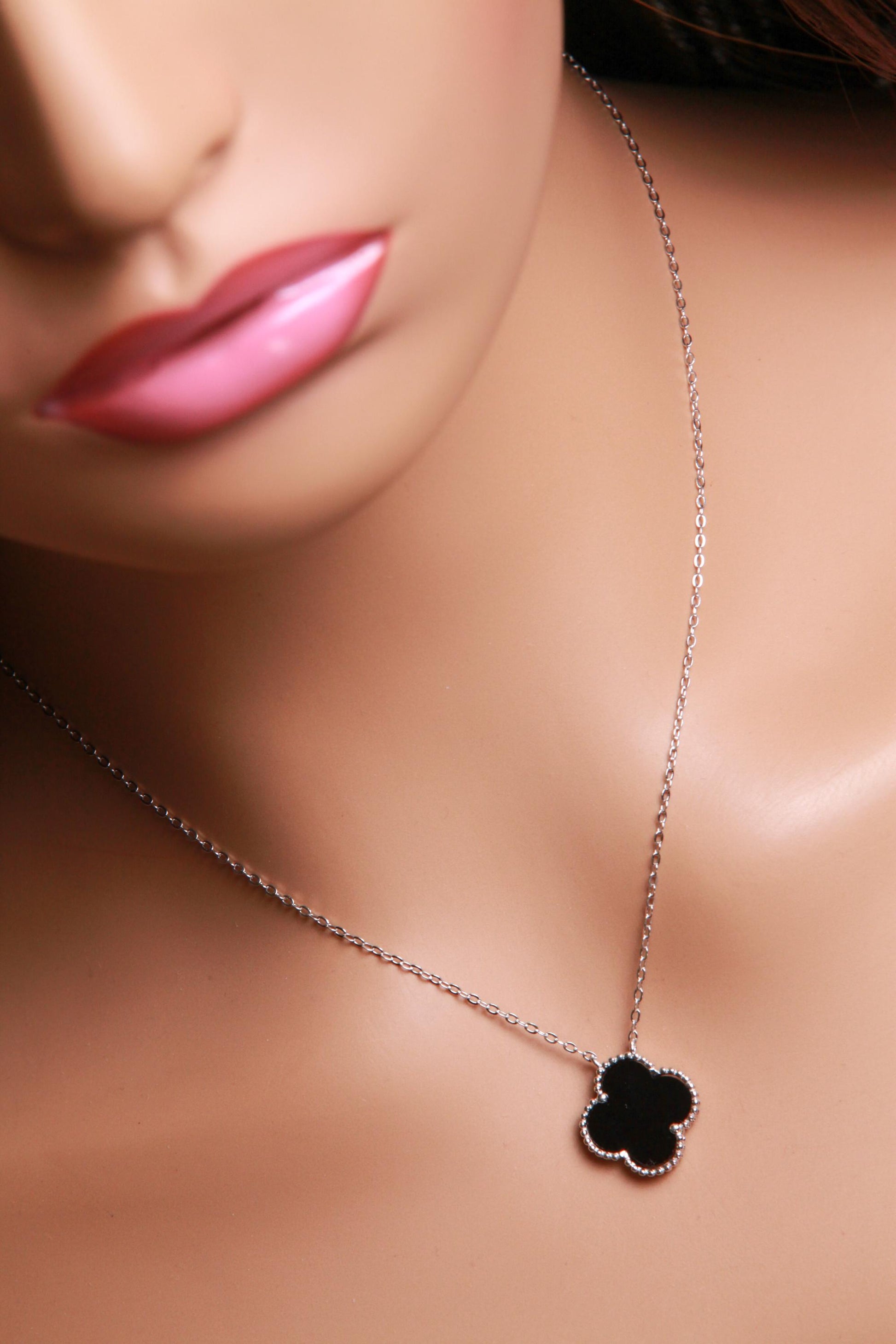 Sterling Silver Black Onyx Double Sided 16mm four leaf Flower Charm 16” extend to 17” and 18” Necklace, Love charm