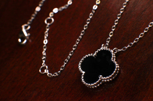Sterling Silver Black Onyx Double Sided 16mm four leaf Flower Charm 16” extend to 17” and 18” Necklace, Love charm
