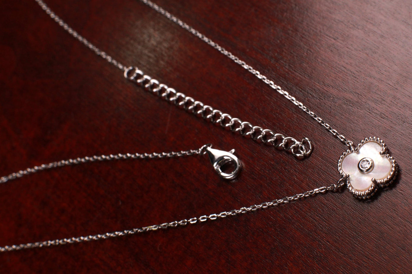 925 Sterling Silver White Mother of Pearl and CZ Diamond Flower Charm Necklace, love gift