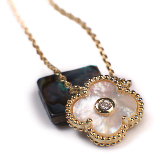22K Gold Vermeil over 925 Sterling Silver White Mother of Pearl and CZ Diamond Clover Charm Necklace, Love Faith Hope & love gift