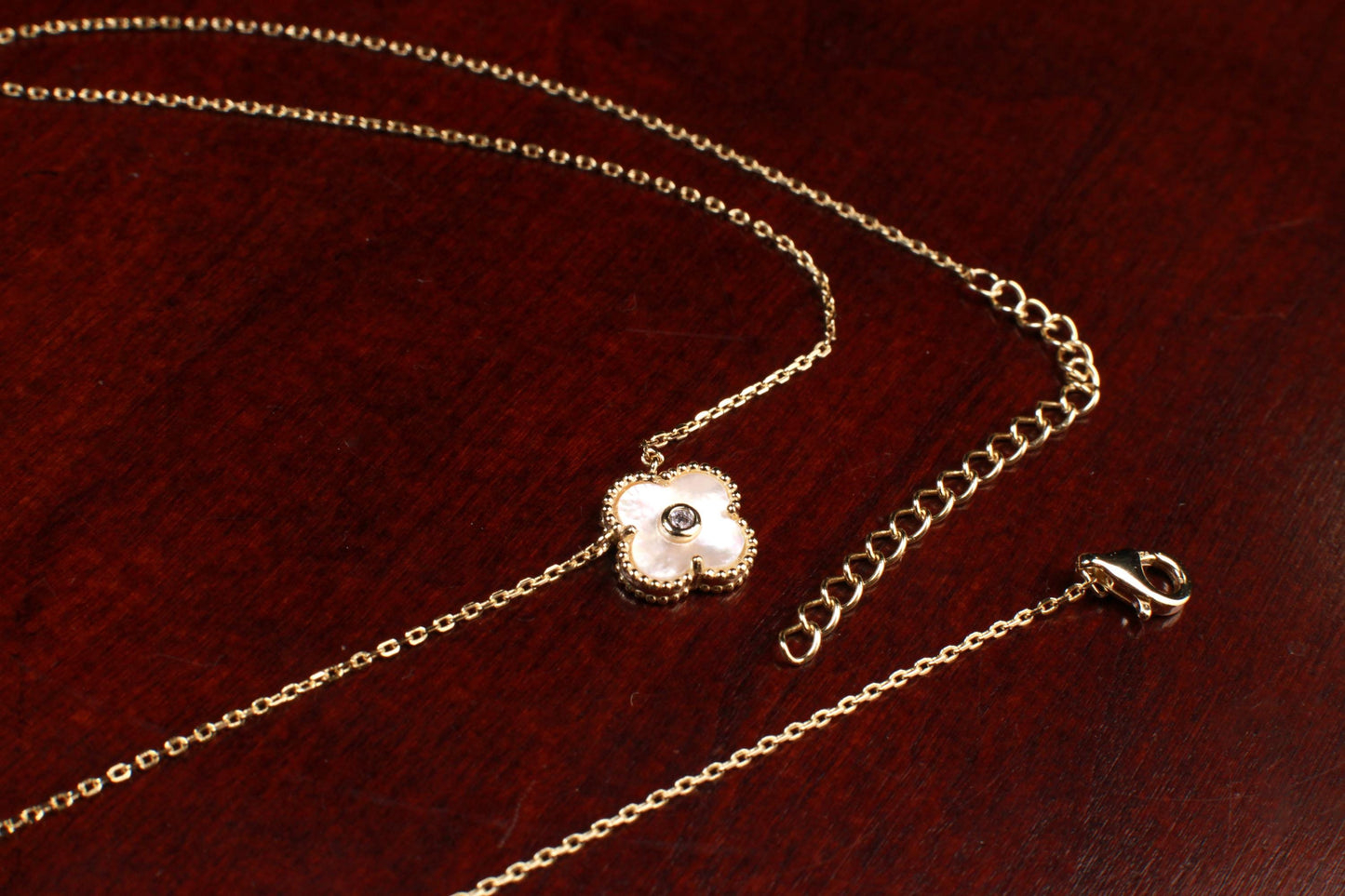 22K Gold Vermeil over 925 Sterling Silver White Mother of Pearl and CZ Diamond Clover Charm Necklace, Love Faith Hope & love gift