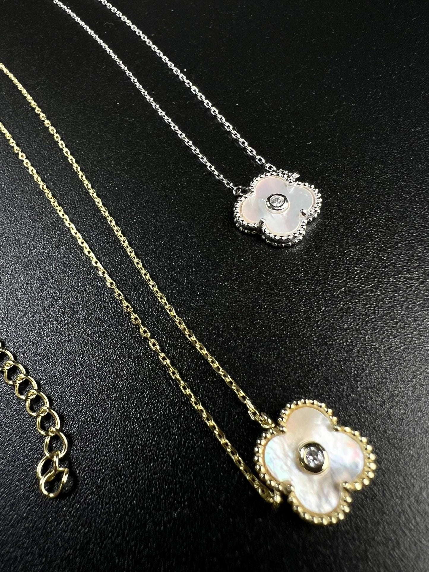 22K Gold Vermeil over 925 Sterling Silver White Mother of Pearl and CZ Diamond Clover Charm Necklace, Love Faith Hope & love gift