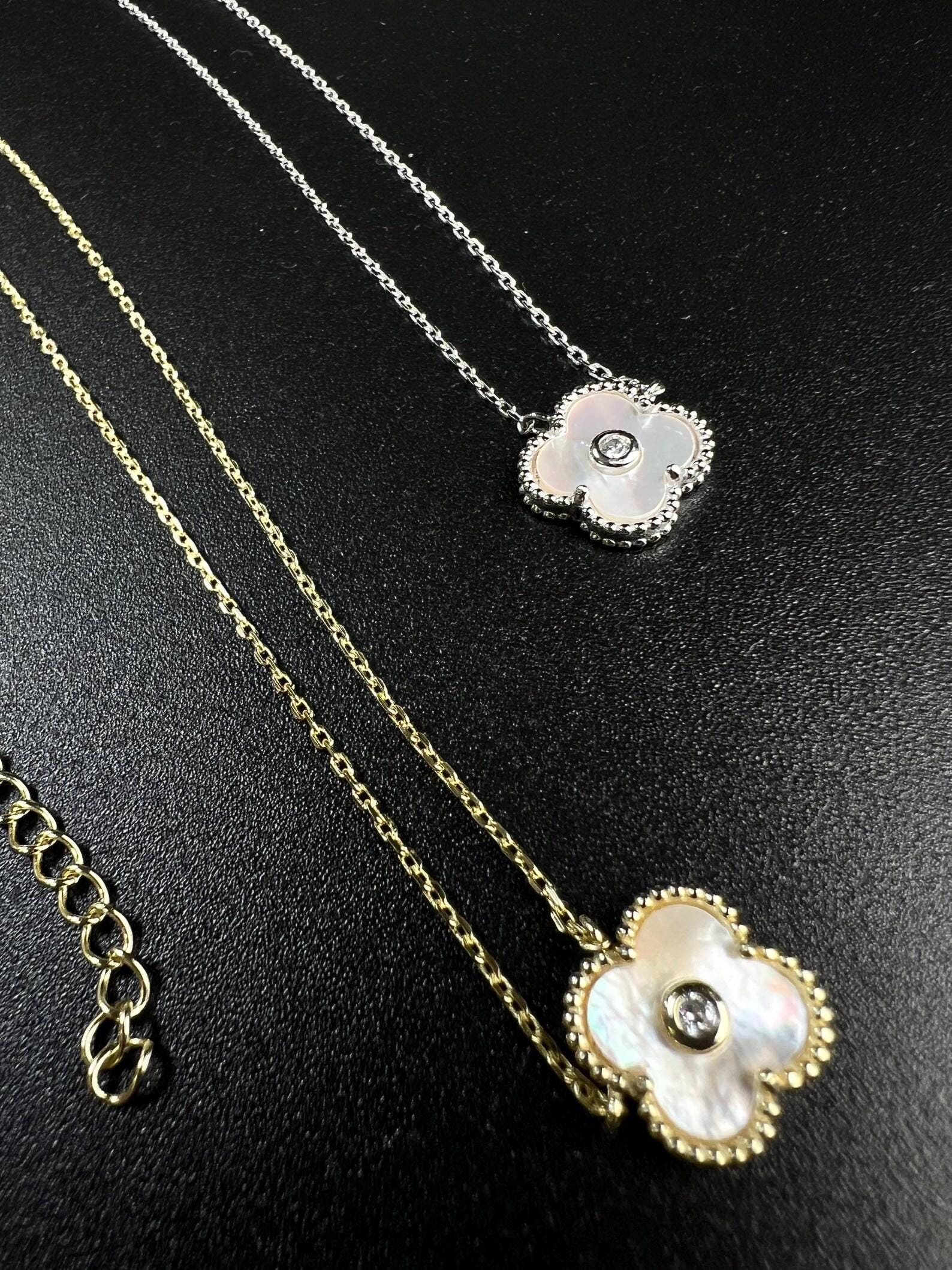 22K Gold Vermeil over 925 Sterling Silver White Mother of Pearl and CZ Diamond Clover Charm Necklace, Love Faith Hope & love gift