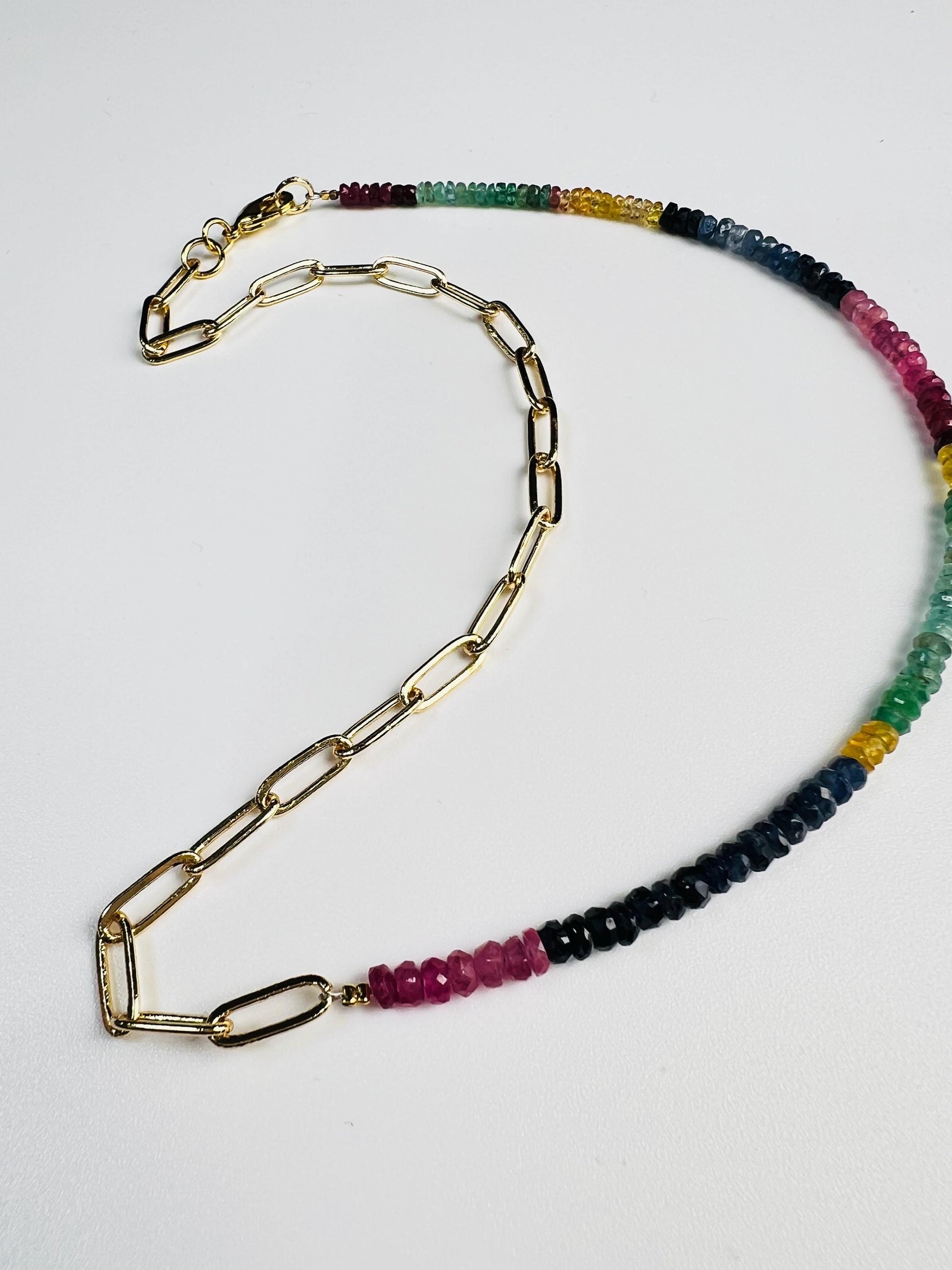 Natural Multi Sapphire Ruby Emeral beaded with 18k Gold Vetmeil Paper clip chain gold necklace Resistance Unity necklace