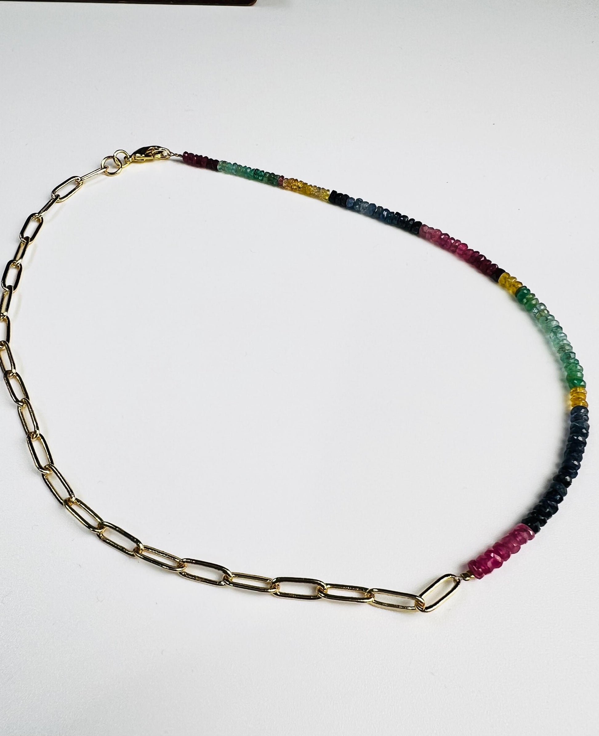 Natural Multi Sapphire Ruby Emeral beaded with 18k Gold Vetmeil Paper clip chain gold necklace Resistance Unity necklace