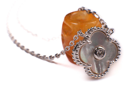 925 Sterling Silver White Mother of Pearl and CZ Diamond Clover Charm Necklace, Love Faith, Hope & love gift