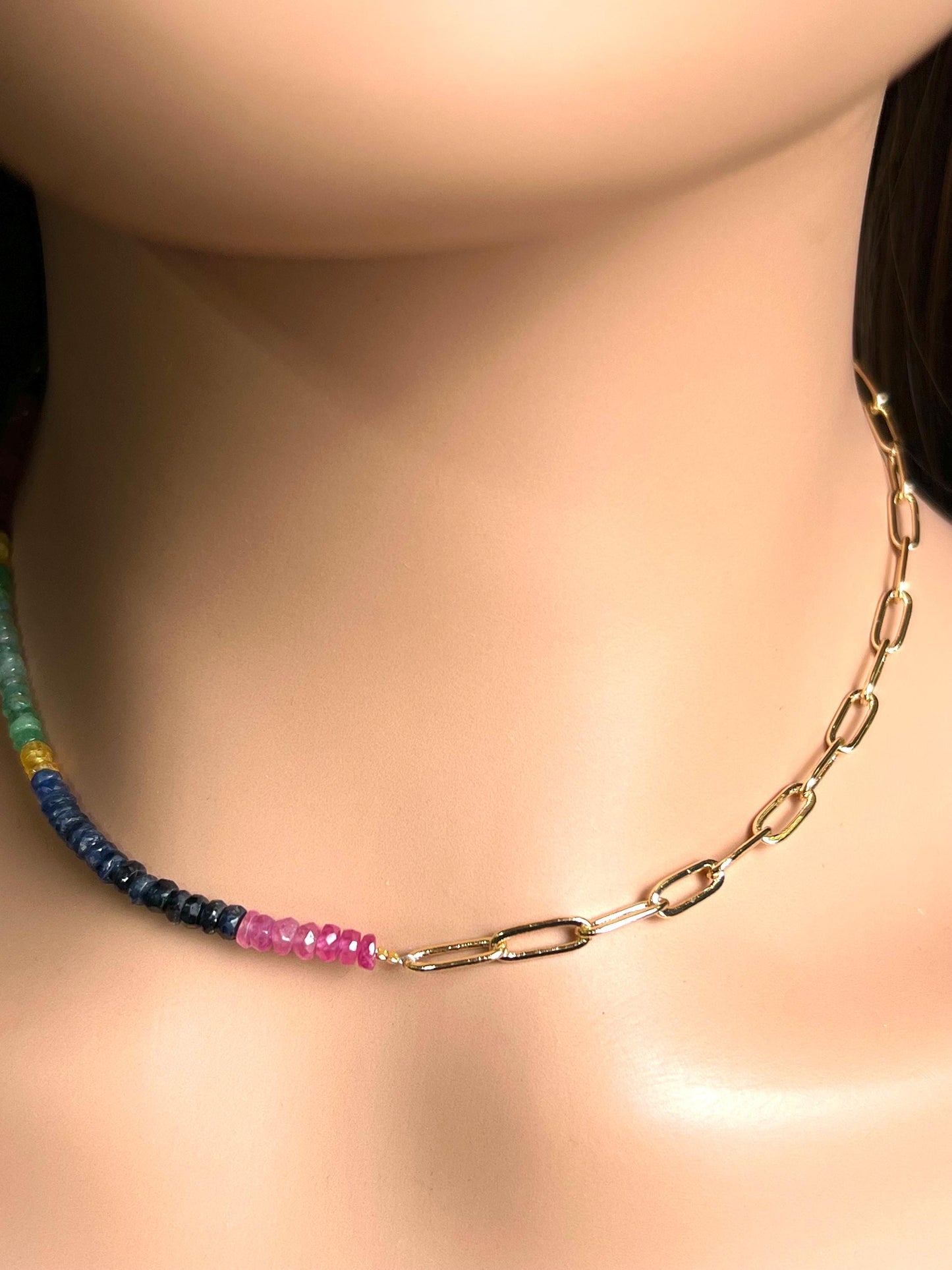 Half sapphire half chain Necklace. Natural Multi Sapphire Ruby Emerald with 18k Gold Vermeil Paper clip chain gold necklace Resistance Unity