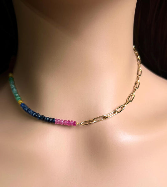 Natural Multi Sapphire Ruby Emeral beaded with 18k Gold Vetmeil Paper clip chain gold necklace Resistance Unity necklace