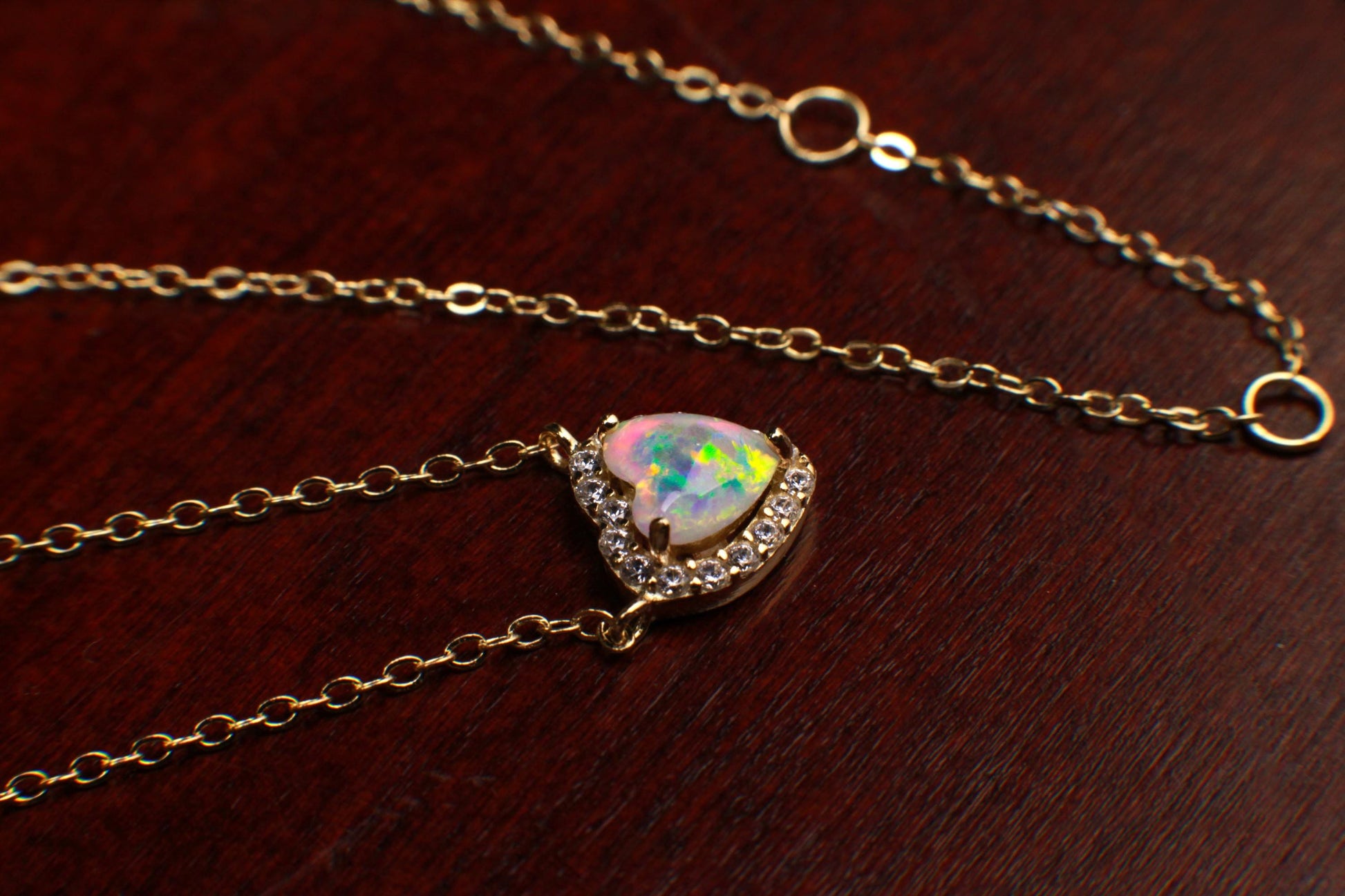 Genuine Ethiopian Fire Opal, Welo Opal Heart CZ diamond Pendant Necklace in 22K Gold Vermeil 925 Sterling Silver Necklace AAA Quality