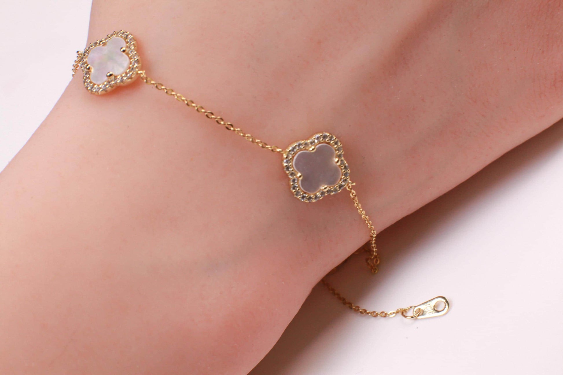 22k Gold Vermeil over 925 Sterling Silver Mother of Pearl Flower Charm CZ Adjustable 7”to 8.25" Gold Bracelet
