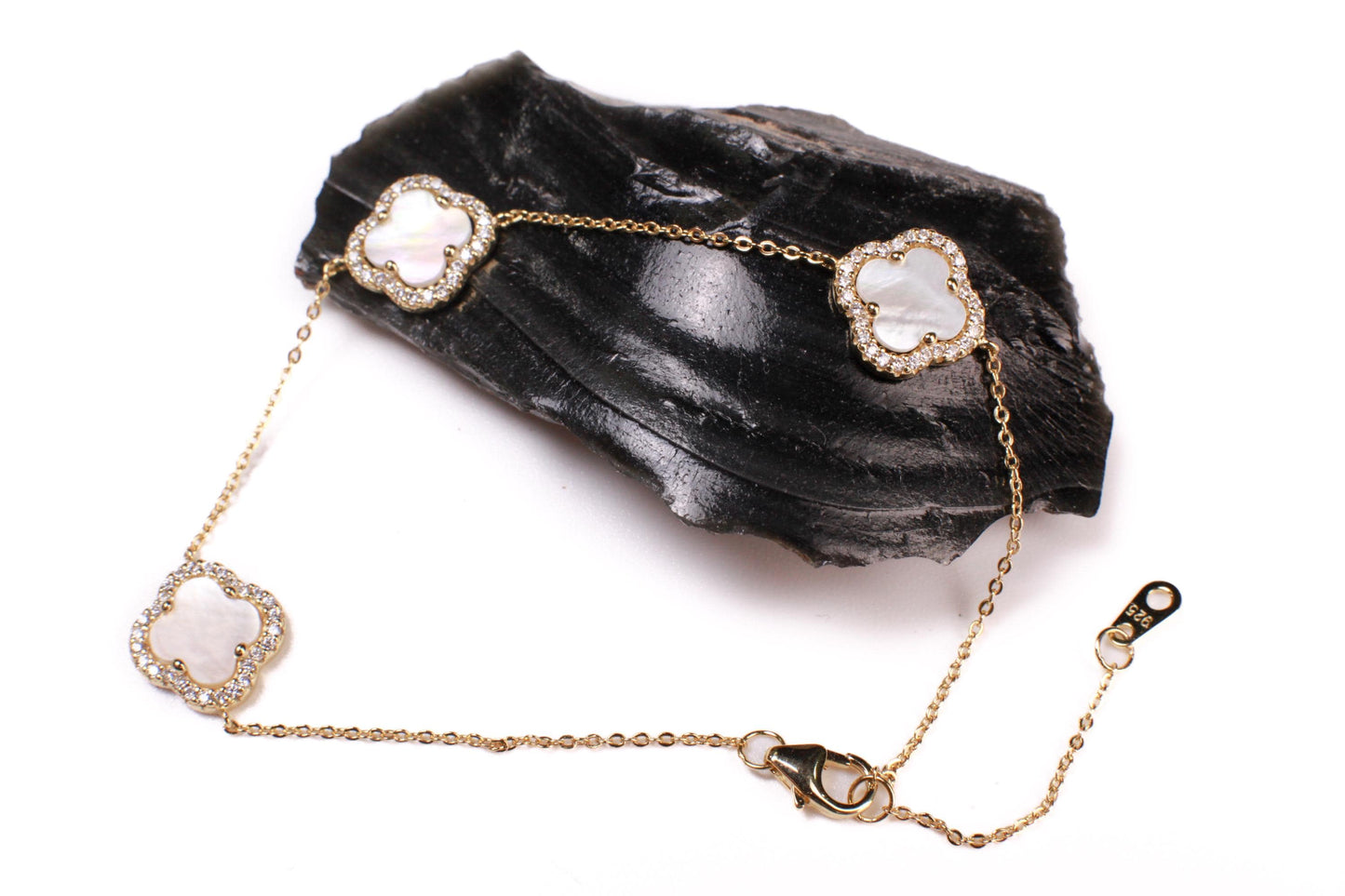 22k Gold Vermeil over 925 Sterling Silver Mother of Pearl Flower Charm CZ Adjustable 7”to 8.25" Gold Bracelet