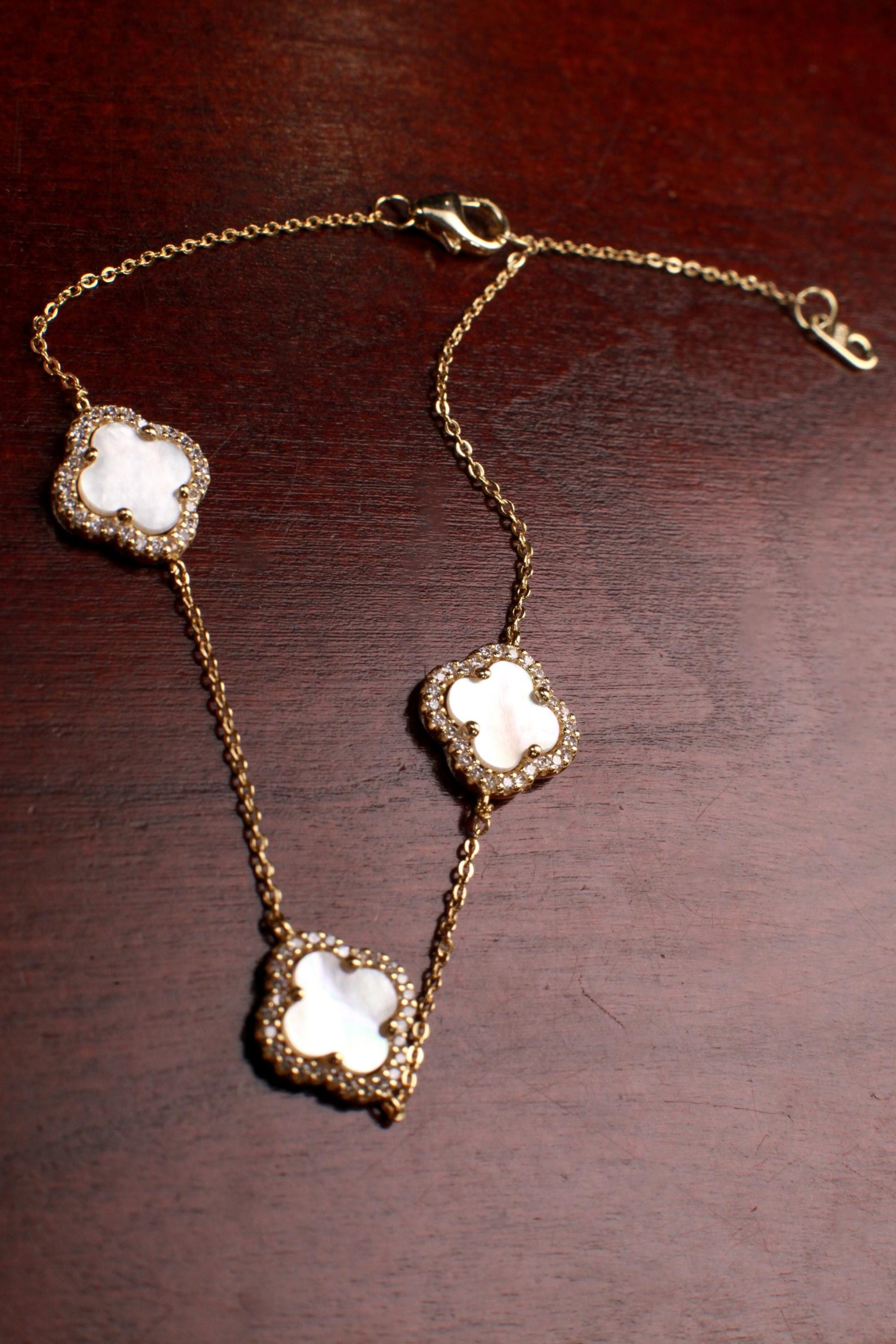 22k Gold Vermeil over 925 Sterling Silver Mother of Pearl Flower Charm CZ Adjustable 7”to 8.25" Gold Bracelet