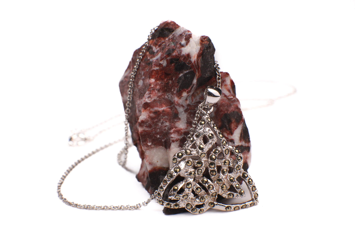 Marcasite 925 Sterling Silver Celtic Knot 23mm Endless Eternity Unity Pendant Art Decorative Sterling Silver Chain Necklace 925 stamp