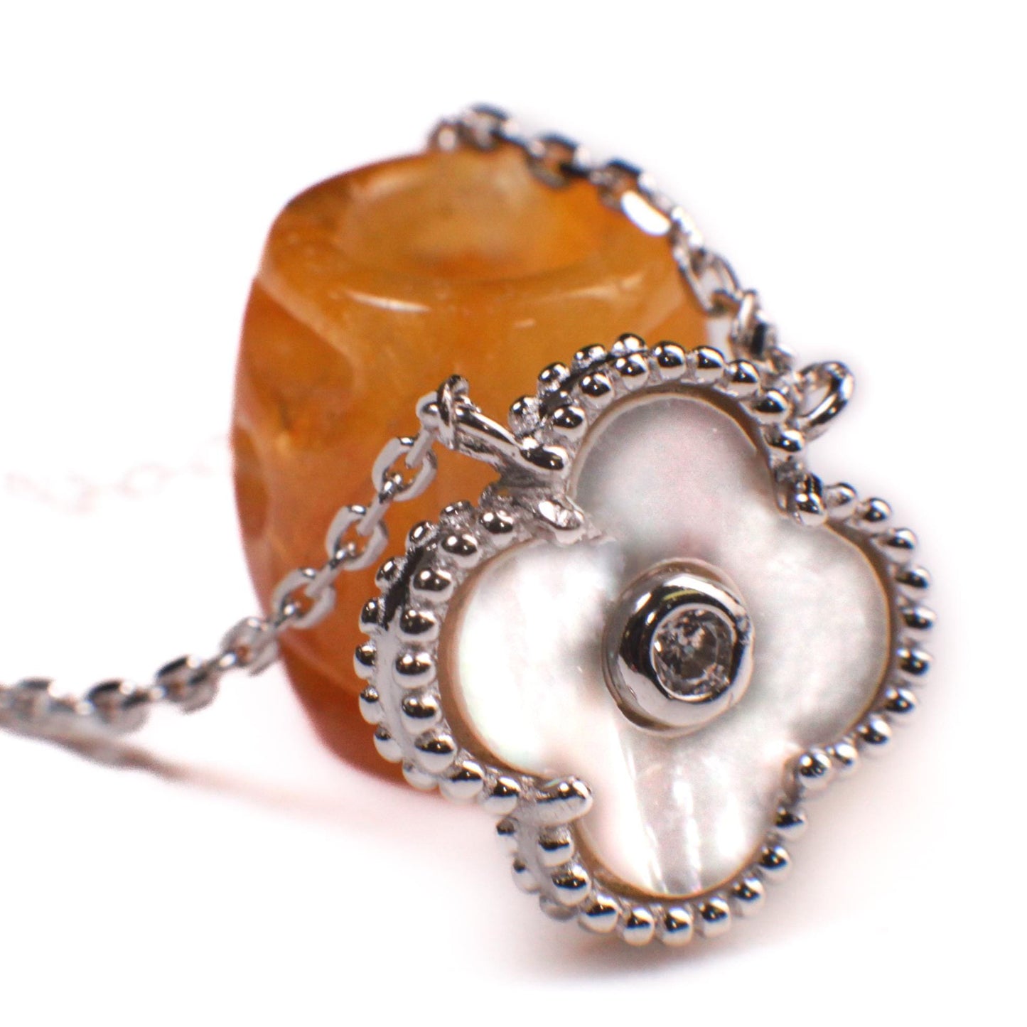 925 Sterling Silver White Mother of Pearl and CZ Diamond Flower Charm Necklace, love gift