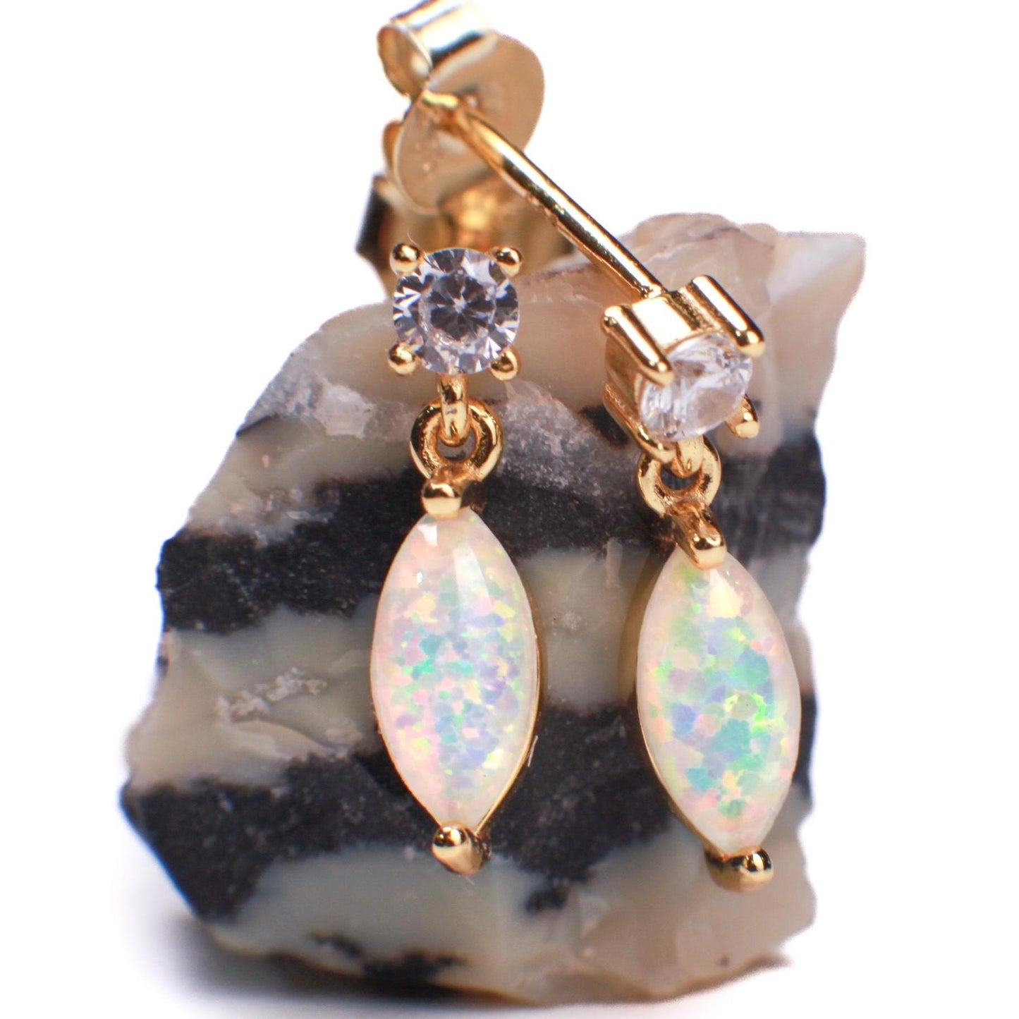 Ethiopian Fire Welo Opal, 4x9mm Marquise CZ Dangling Stud Earrings in Gold Vermeil, AAA Quality Fiery Dainty Earrings