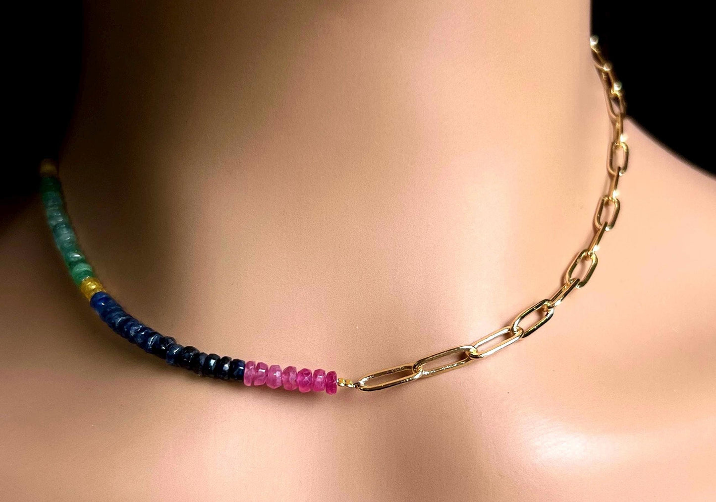 Half sapphire half chain Necklace. Natural Multi Sapphire Ruby Emerald with 18k Gold Vermeil Paper clip chain gold necklace Resistance Unity