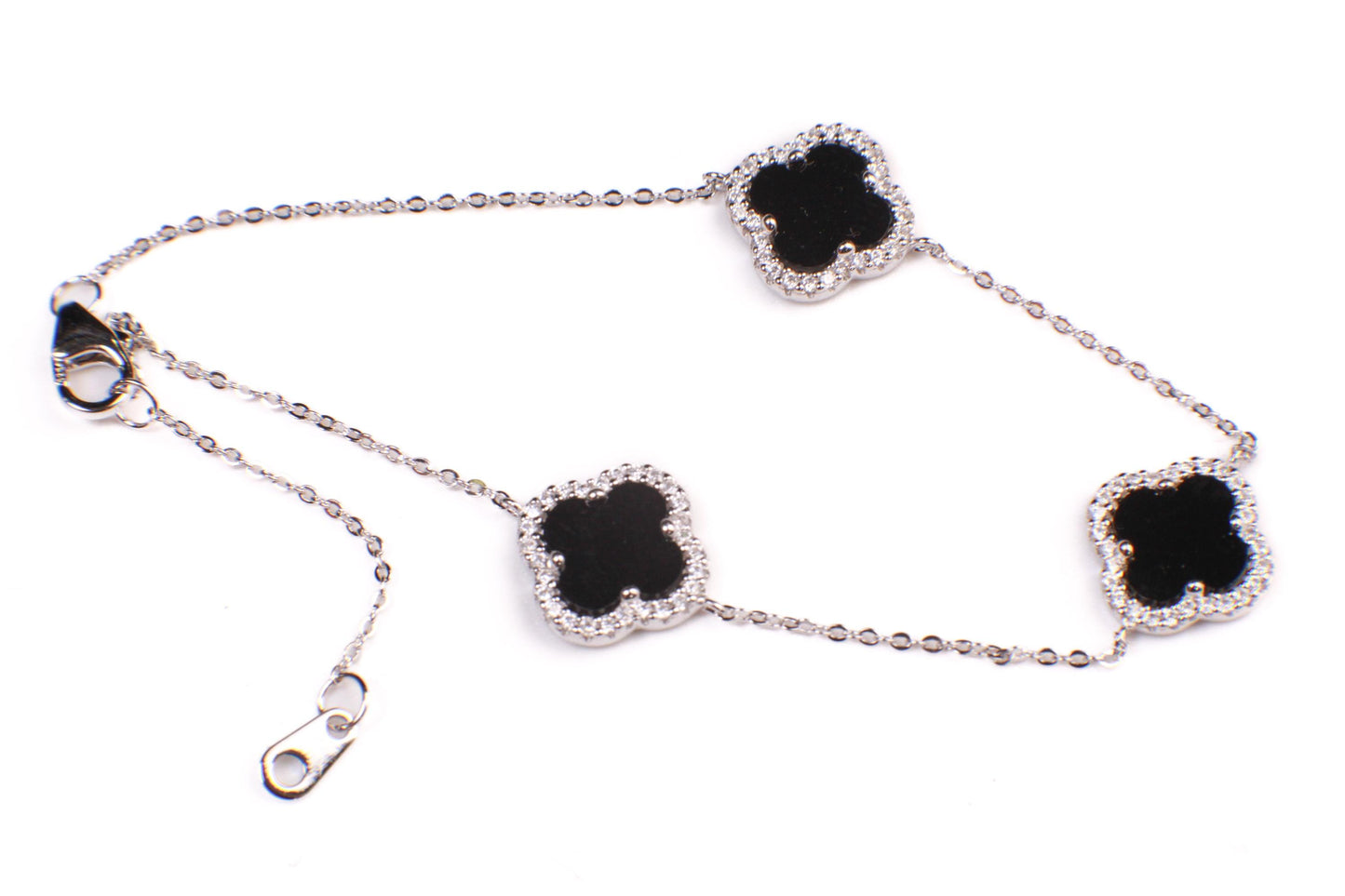 925 Sterling Silver Black Onyx four leaf Flower Charm CZ diamond setting Adjustable 7”to 8.25" Silver Bracelet, Love charm