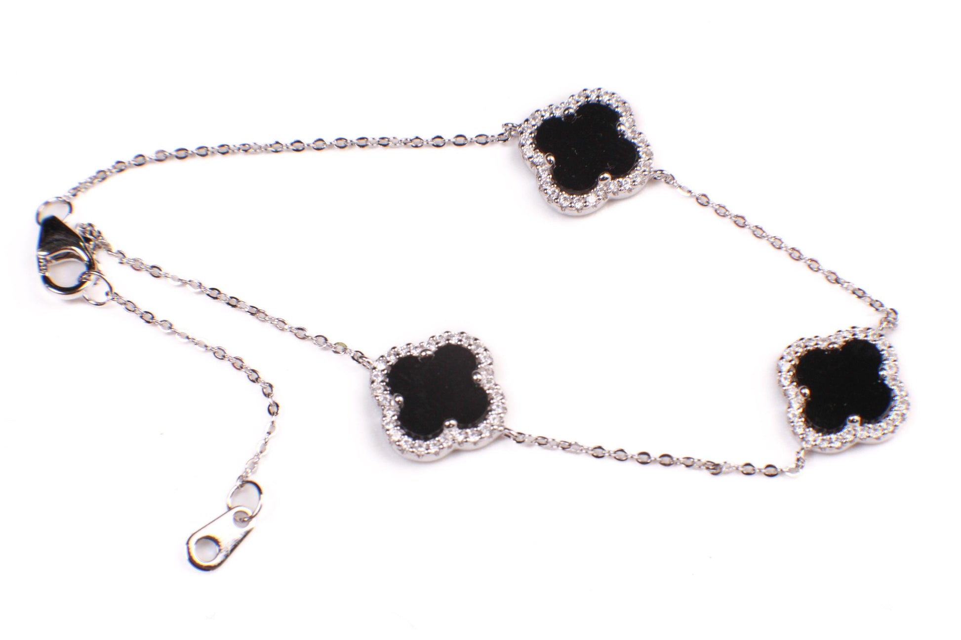 925 Sterling Silver Black Onyx four leaf Flower Charm CZ diamond setting Adjustable 7”to 8.25" Silver Bracelet, Love charm