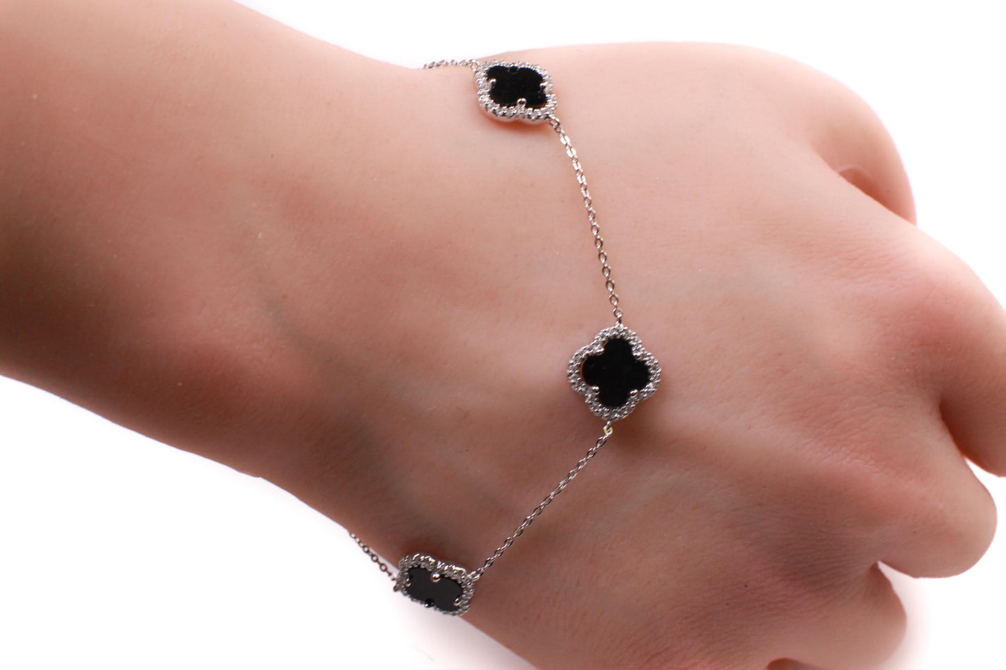 925 Sterling Silver Black Onyx four leaf Flower Charm CZ diamond setting Adjustable 7”to 8.25" Silver Bracelet, Love charm