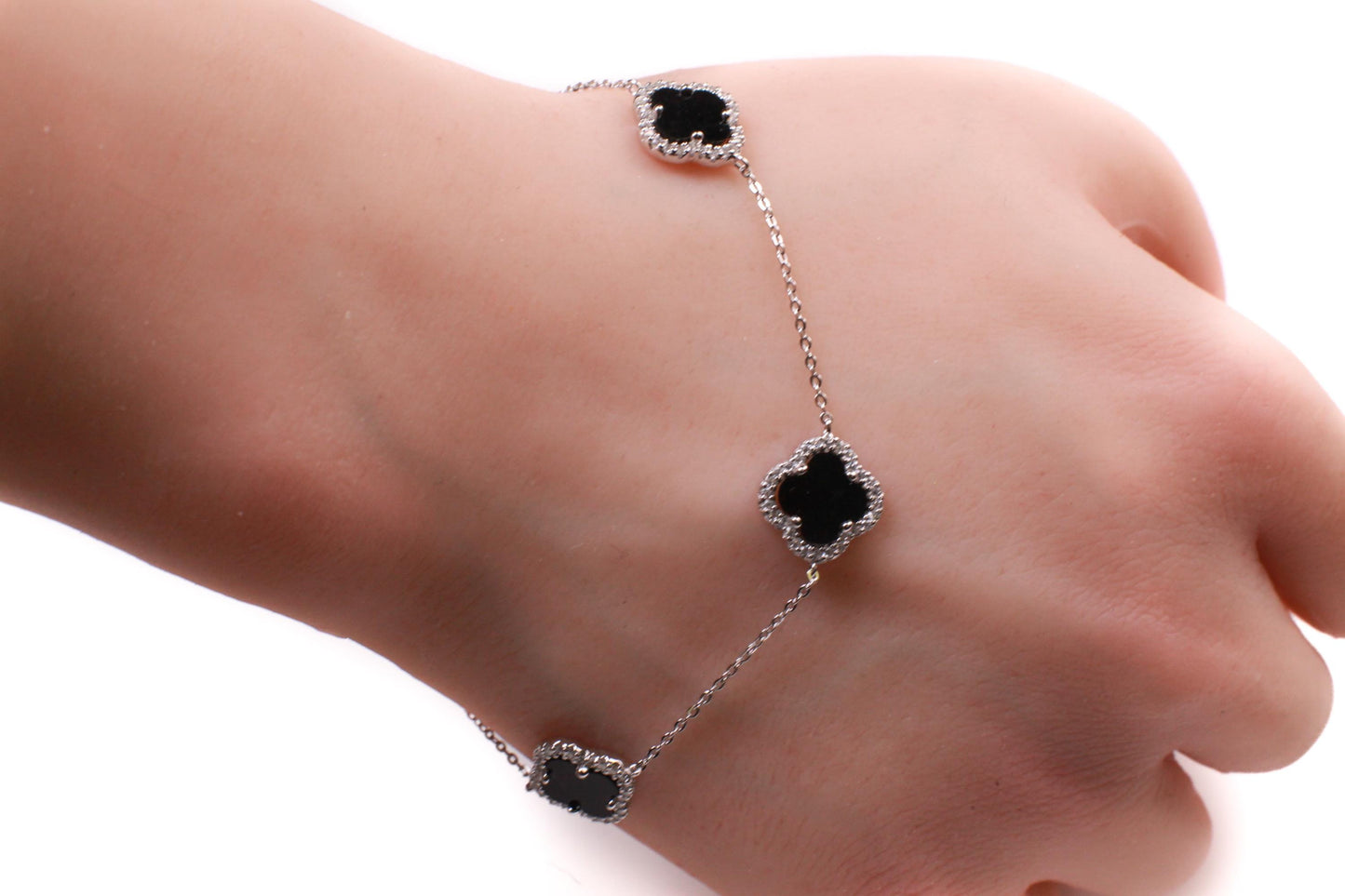 925 Sterling Silver Black Onyx four leaf Flower Charm CZ diamond setting Adjustable 7”to 8.25" Silver Bracelet, Love charm