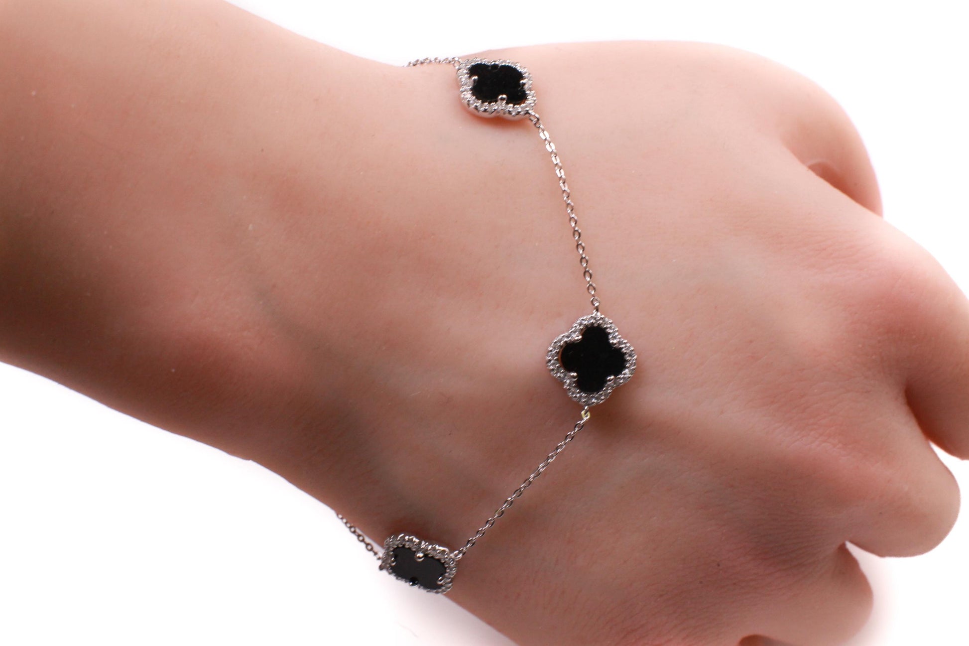 925 Sterling Silver Black Onyx four leaf Flower Charm CZ diamond setting Adjustable 7”to 8.25" Silver Bracelet, Love charm