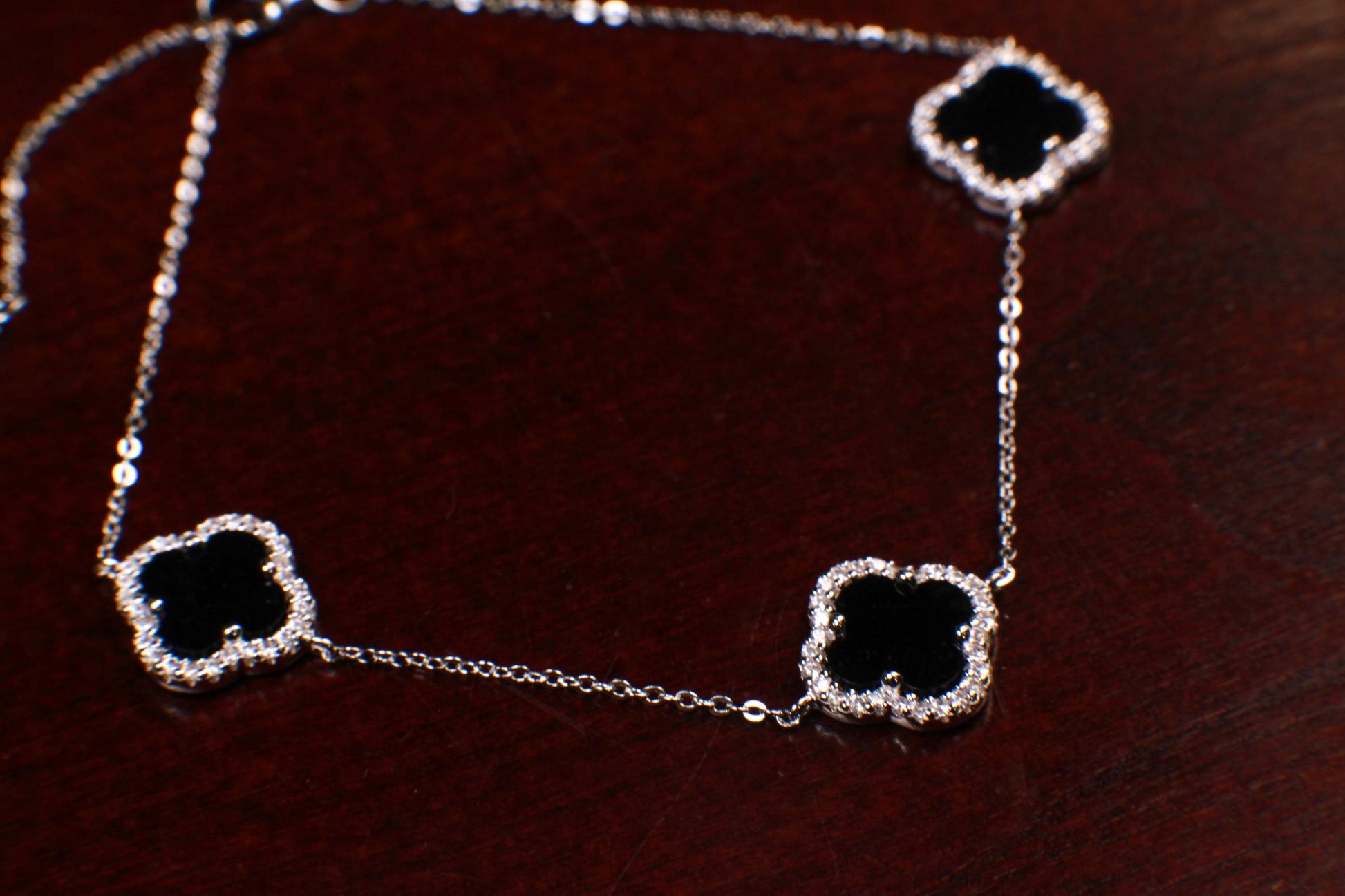 925 Sterling Silver Black Onyx four leaf Flower Charm CZ diamond setting Adjustable 7”to 8.25" Silver Bracelet, Love charm