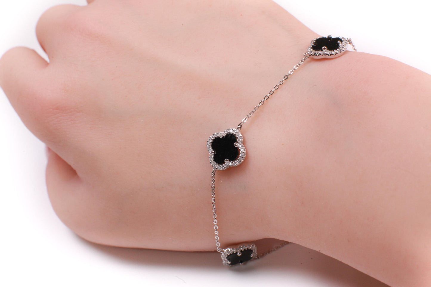 925 Sterling Silver Black Onyx four leaf Flower Charm CZ diamond setting Adjustable 7”to 8.25" Silver Bracelet, Love charm