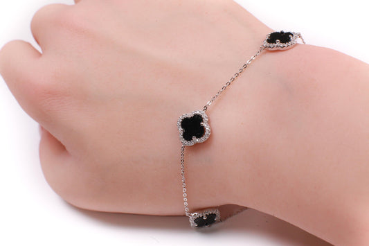925 Sterling Silver Black Onyx four leaf Flower Charm CZ diamond setting Adjustable 7”to 8.25" Silver Bracelet, Love charm