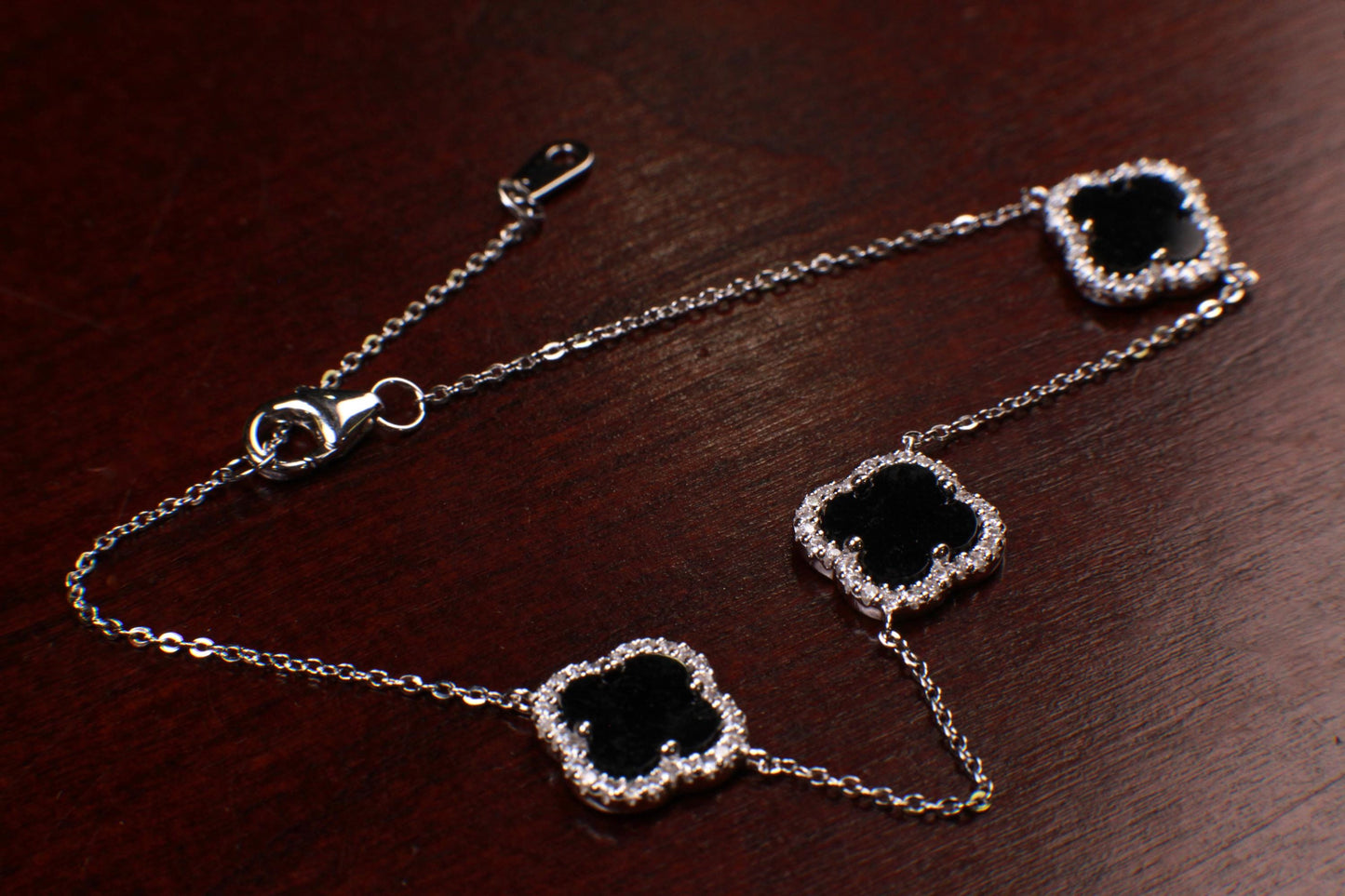 925 Sterling Silver Black Onyx four leaf Flower Charm CZ diamond setting Adjustable 7”to 8.25" Silver Bracelet, Love charm